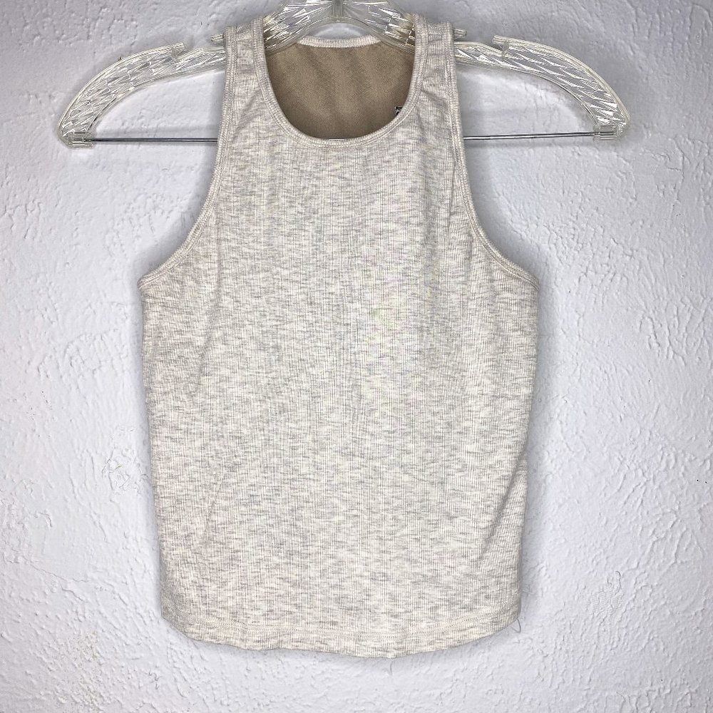 Vuori, women's small, Pose Plyo oatmeal/grey ribbed crop tank.